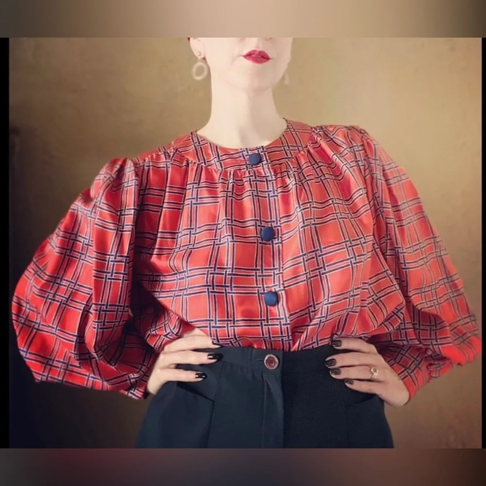 VTG 70’s YSL Saint Laurent Rive Gauche Red Plaid Blouse - Picture 2 of 10